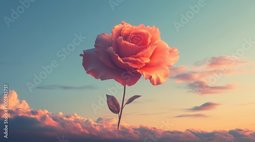 A warm sunset sky with one large cloud shaped like a rose in full bloom, The scene is serene photo