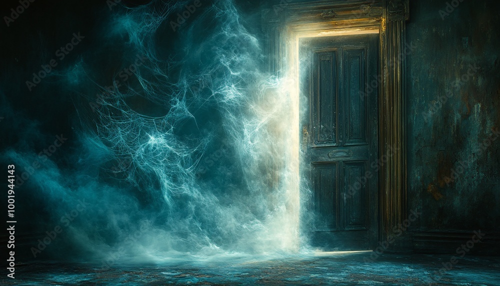 Eerie Otherworldly Figure by Weathered Door with Swirling Cobwebs - Haunting Illustration of Ghostly Presence Eerie Otherworldly Figure by Weathered Door with Swirling Cobwebs - Haunting Illustration of Ghostly Presence