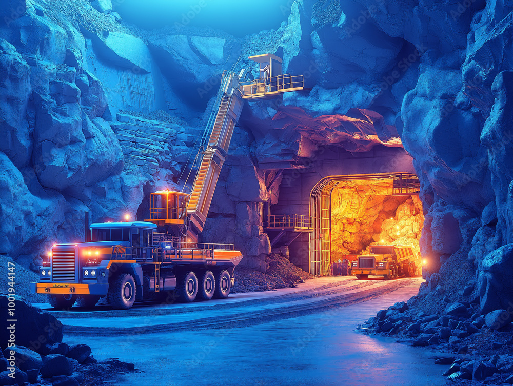Cartoon illustration of underground mine with crane, gold and silver ore trucks. Cartoon illustration of underground mine with crane, gold and silver ore trucks.
