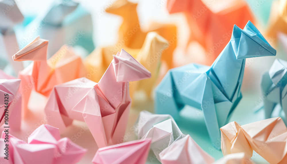 A pattern of folded origami animals or shapes in soft pastel colors, offering a sense of creativity and delicate craftsmanship