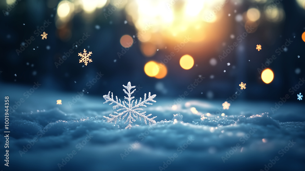A close-up of a delicate snowflake on soft snow, illuminated by warm sunset lights, creating a serene winter atmosphere. A close-up of a delicate snowflake on soft snow, illuminated by warm sunset lights, creating a serene winter atmosphere.