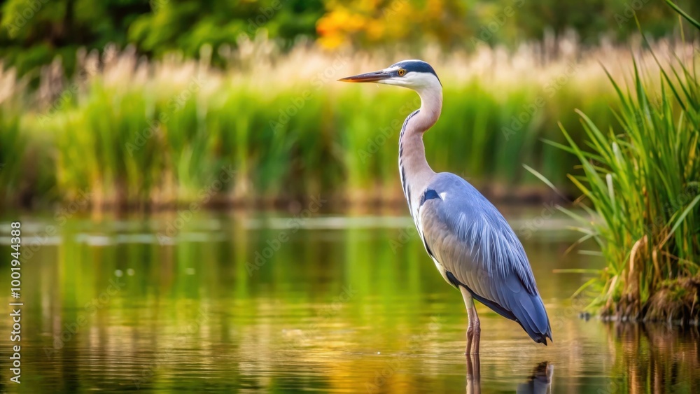 Naklejka premium Gray Heron bird standing by the lake, patiently waiting for its prey, heron, bird, wildlife, nature, predator, feathers, lake