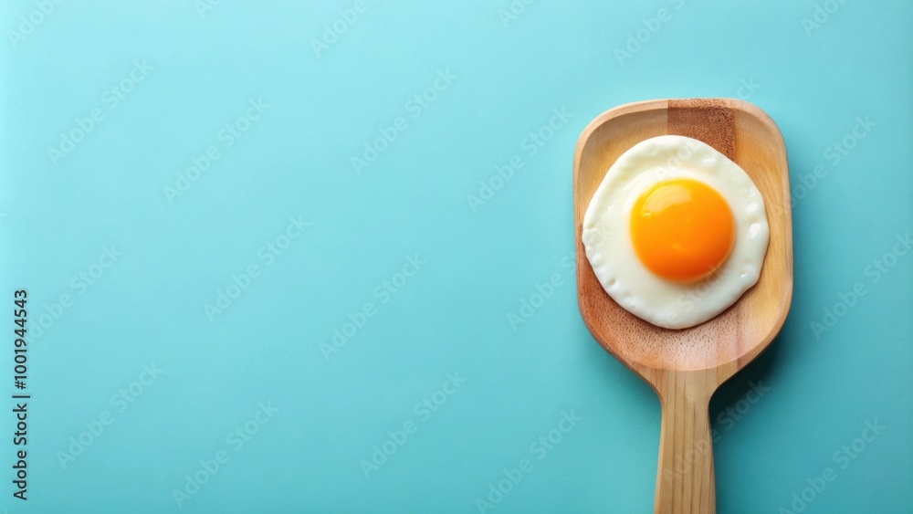 Fried egg on wooden spatula isolated on pastel blue background, fried egg, oil, wooden spatula, isolated, light blue Fried egg on wooden spatula isolated on pastel blue background, fried egg, oil, wooden spatula, isolated, light blue