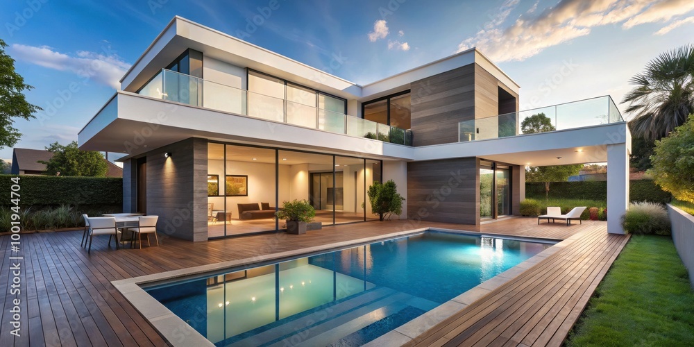 Fototapeta premium Modern house with pool and patio for relaxation, exterior, , modern, house, pool, patio, relaxation, exterior, design