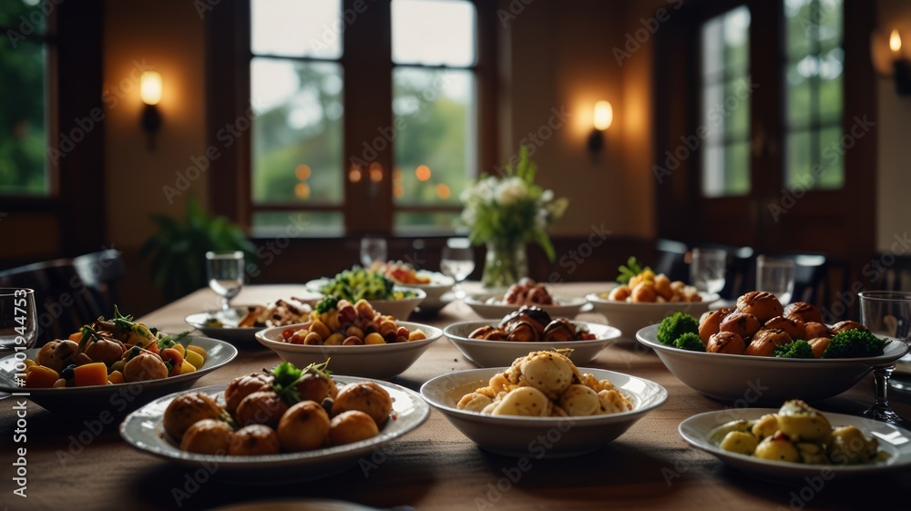 Dinner Table with Appetizing Dishes Dinner Table with Appetizing Dishes