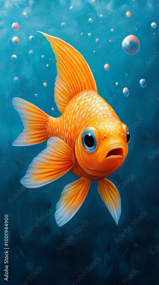 Naklejka premium A bright orange goldfish with wide, startled eyes swims through a blue underwater scene.
