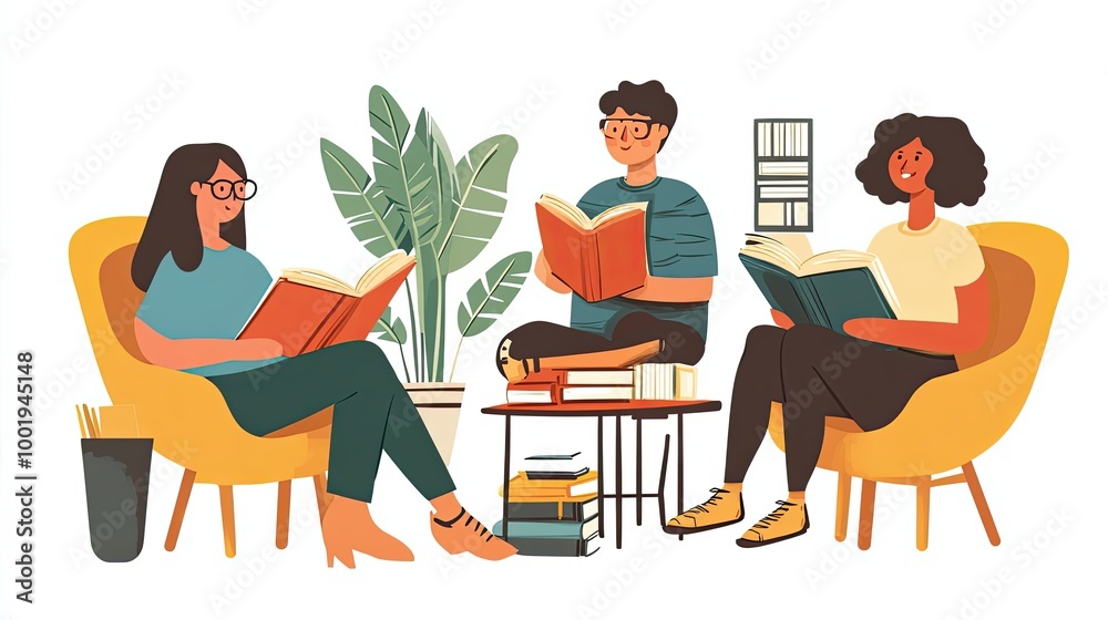 Three People Sitting in Chairs Reading Books Three People Sitting in Chairs Reading Books