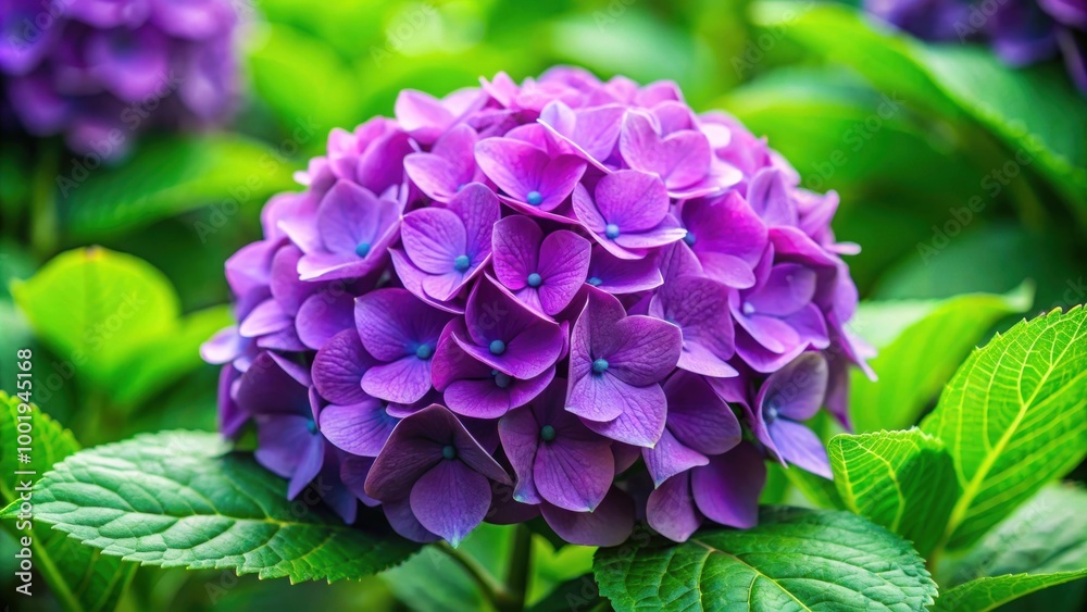 Close-up of a vibrant purple hydrangea flower in full bloom with lush green leaves , purple, hydrangea, flower, bloom, vibrant Close-up of a vibrant purple hydrangea flower in full bloom with lush green leaves , purple, hydrangea, flower, bloom, vibrant