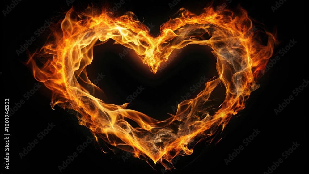 Fototapeta premium Heart made of fire in black and orange , heart, fire, burning, passionate, love, flaming, hot, fiery, intense, glowing, warmth