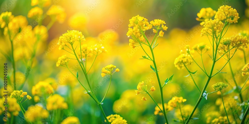 Obraz premium Closeup of vibrant spring camelina against blurred garden background, spring, camelina sativa, garden, closeup, vibrant