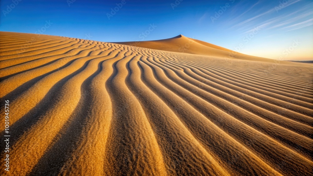 Naklejka premium Closeup of dune sand with fine grains and subtle ripples showcasing the serene beauty of the desert landscape, desert, sand