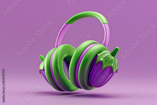 Purple and green eggplant-shaped headphones photo