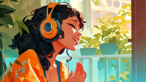 Wallpaper Mural Young Woman Enjoying Music While Relaxing at Home on a Sunny Day Generative AI Torontodigital.ca