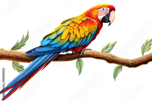 Vibrant, colorful parrot perched on a branch with wings slightly spread isolated on white background