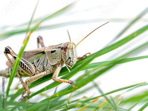 Close-Up of a Grasshopper on Green Grass Isolated On White