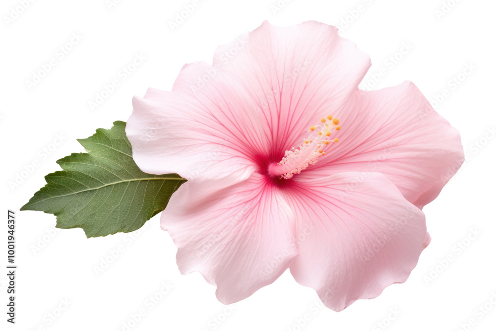 Soft pink hibiscus flower with open petals and visible vein details, isolated on a white background Soft pink hibiscus flower with open petals and visible vein details, isolated on a white background