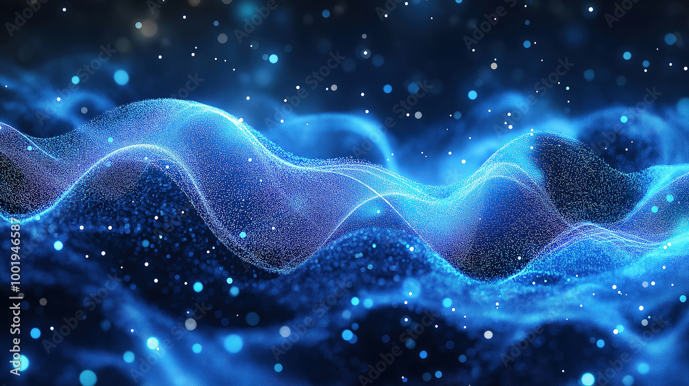 Abstract Blue Color Digital Particles Wave Background Featuring Bokeh and Light Effects Abstract Blue Color Digital Particles Wave Background Featuring Bokeh and Light Effects