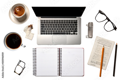 Overhead view of a student workspace with an open notebook, a laptop, isolated on white background photo