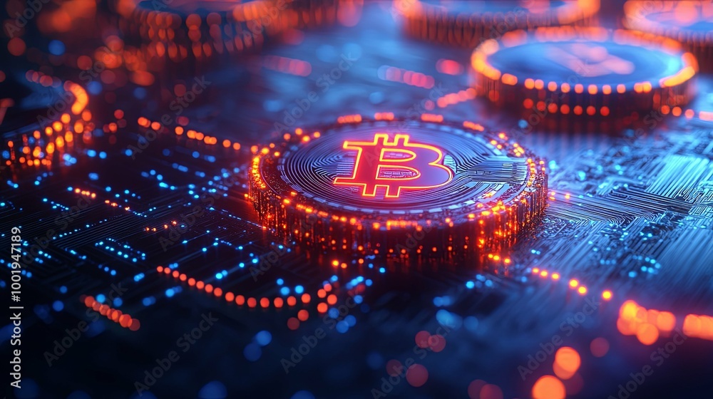 Glowing Bitcoin Symbol on a Circuit Board Glowing Bitcoin Symbol on a Circuit Board
