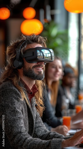 A person enjoying a virtual reality experience in a modern café setting during the daytime with friends nearby