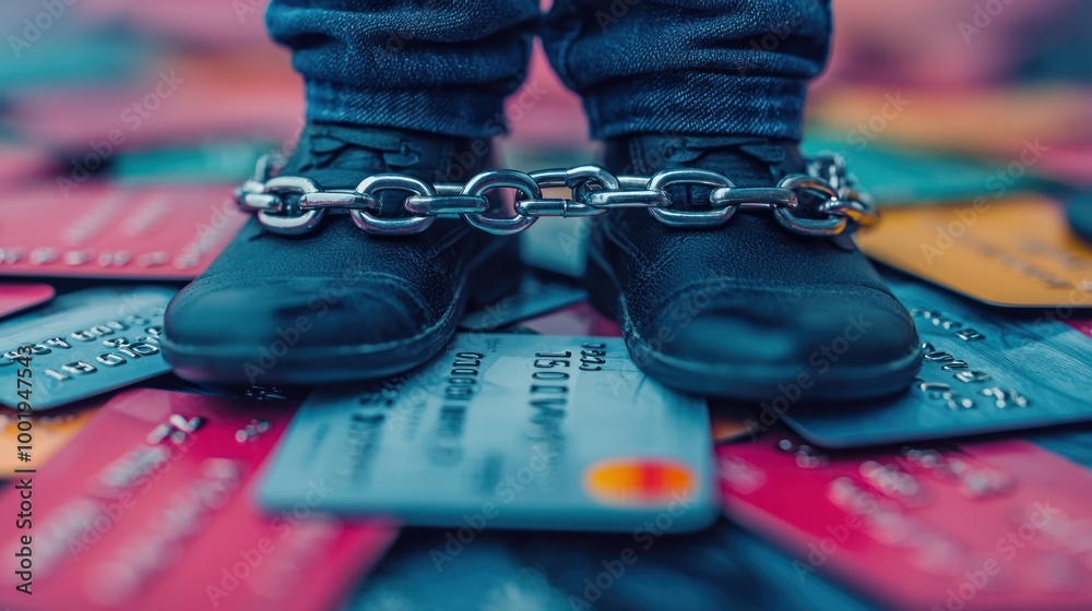 Fototapeta premium A pair of feet chained, standing on a pile of credit cards, symbolizing debt and financial struggle.