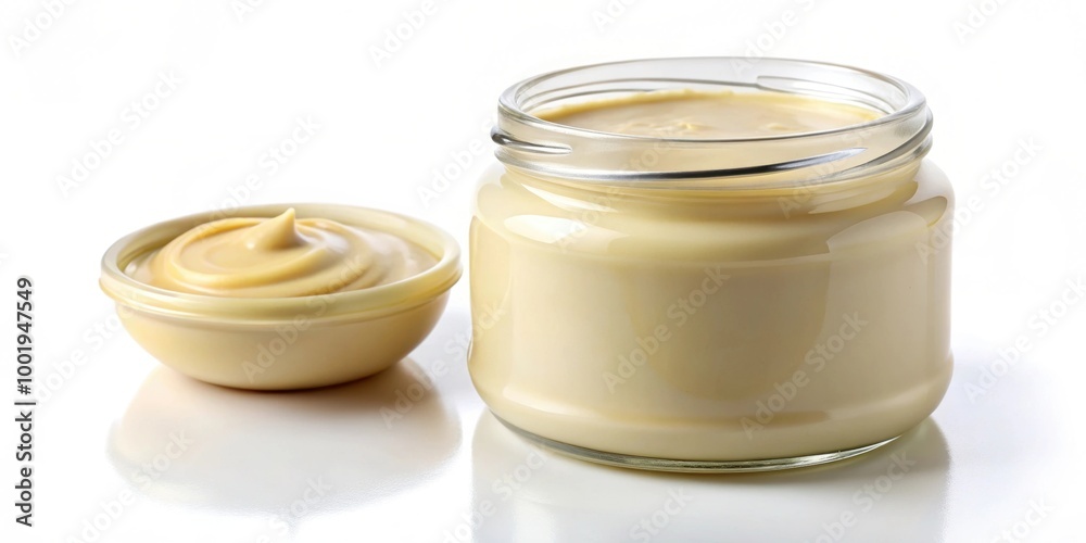 Mayonnaise in glass jar on white background, mayo, condiment, glass, container, jar, white background, food, kitchen, creamy Mayonnaise in glass jar on white background, mayo, condiment, glass, container, jar, white background, food, kitchen, creamy