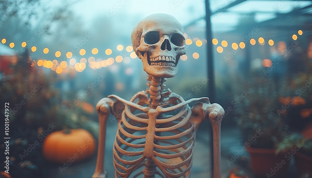 Eerie Skeleton Dance Under Halloween Lights at Spooky Night Party Eerie Skeleton Dance Under Halloween Lights at Spooky Night Party