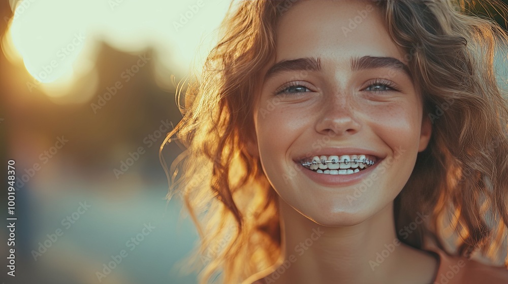 A Young Woman with Curly Hair Smiles, Showing Braces A Young Woman with Curly Hair Smiles, Showing Braces