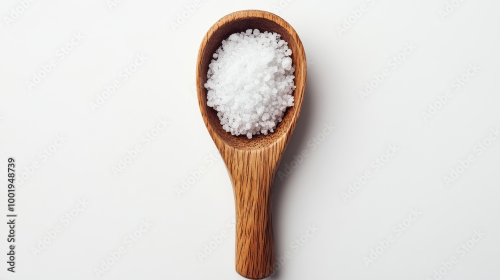 Wooden spoon with sea salt on white Wooden spoon with sea salt on white