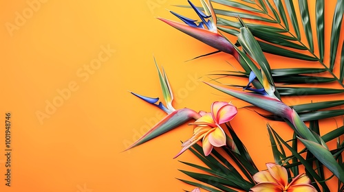 Tropical bouquet with bird of paradise flowers on orange background #1001948746