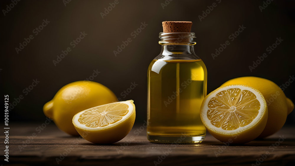 A bottle of fresh lemon essential oil with whole lemons and lemon slices in the background. A bottle of fresh lemon essential oil with whole lemons and lemon slices in the background.