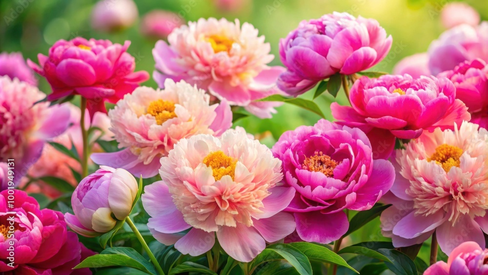 Close up of beautiful colorful peony flowers in full bloom, perfect for a natural summery background or pink peony bouquet Close up of beautiful colorful peony flowers in full bloom, perfect for a natural summery background or pink peony bouquet