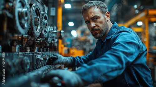 A skilled technician working diligently on machinery in a bustling factory during the day