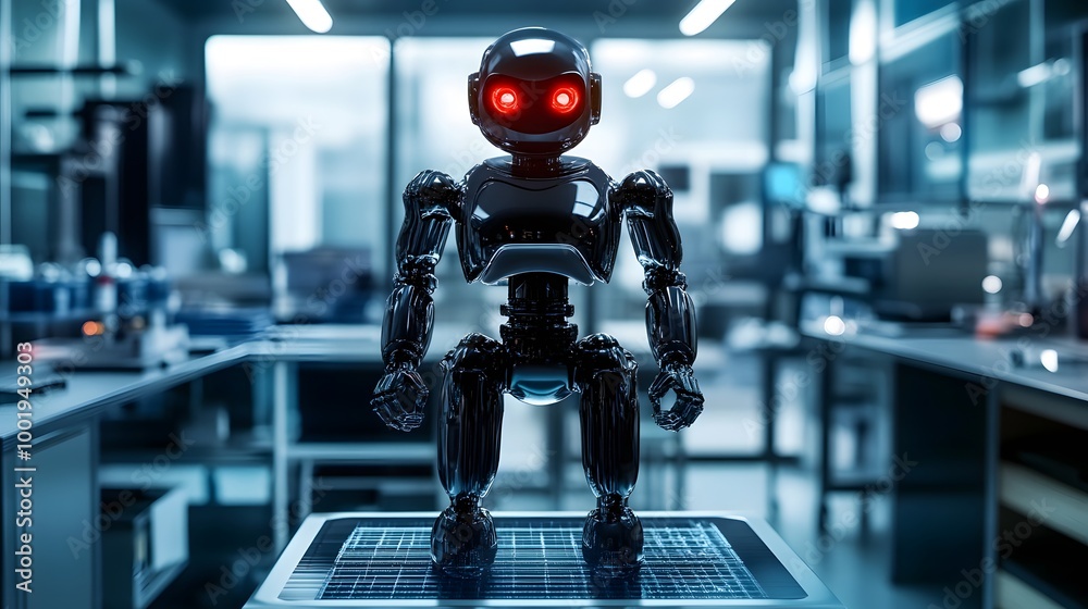 10. Robot figure with glowing red eyes standing tall on a metallic platform in a lab 10. Robot figure with glowing red eyes standing tall on a metallic platform in a lab
