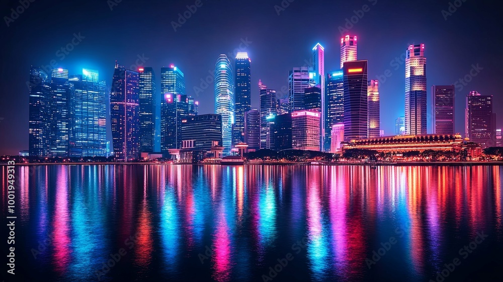 Illuminated Skyscrapers Reflecting in a Calm Body of Water at Night Illuminated Skyscrapers Reflecting in a Calm Body of Water at Night