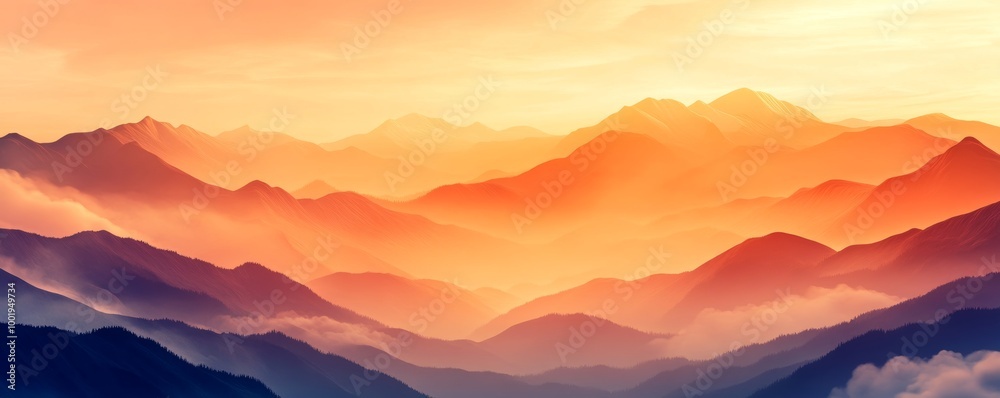 Serene sunrise over misty mountain range Serene sunrise over misty mountain range