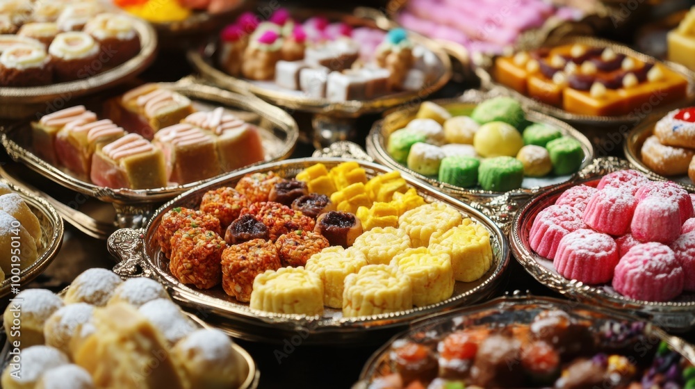 An array of colorful and intricate festival sweets from various cultures, displayed in luxurious serving dishes. An array of colorful and intricate festival sweets from various cultures, displayed in luxurious serving dishes.