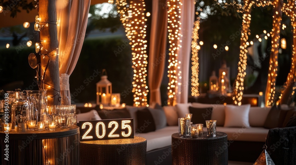2025 New Year's Eve party celebration with string lights and candles in a cozy outdoor setting. 2025 New Year's Eve party celebration with string lights and candles in a cozy outdoor setting.