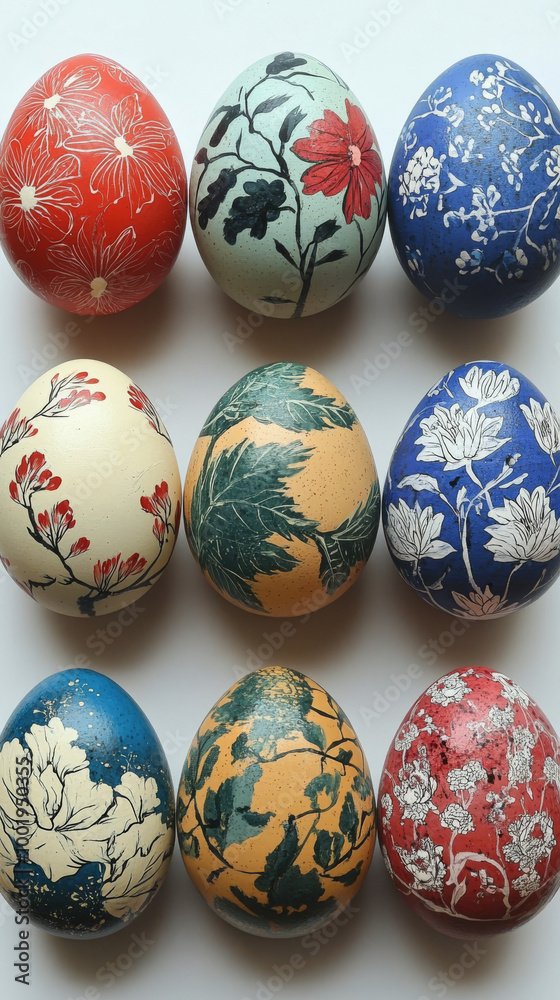 Nine intricately decorated eggs with floral and leaf designs. Nine intricately decorated eggs with floral and leaf designs.