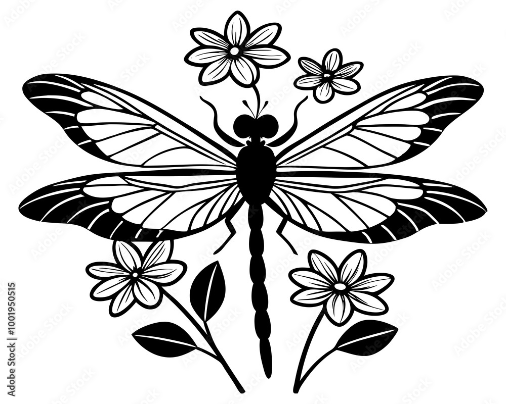 Obraz premium Dragonfly Flowers SVG Silhouette vector art