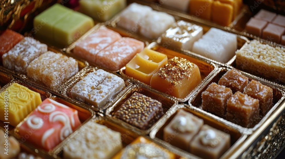 An assortment of traditional festival sweets from around the world, beautifully presented in luxurious containers. An assortment of traditional festival sweets from around the world, beautifully presented in luxurious containers.