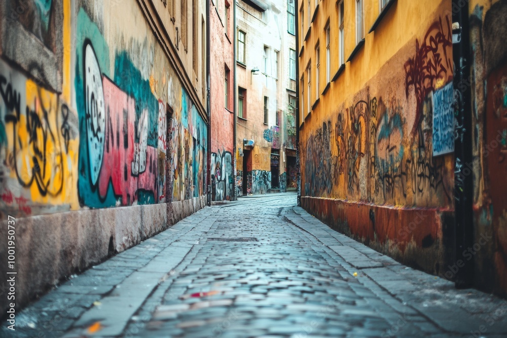 Street with graffiti in the city center empty alley colorful city background Street with graffiti in the city center empty alley colorful city background