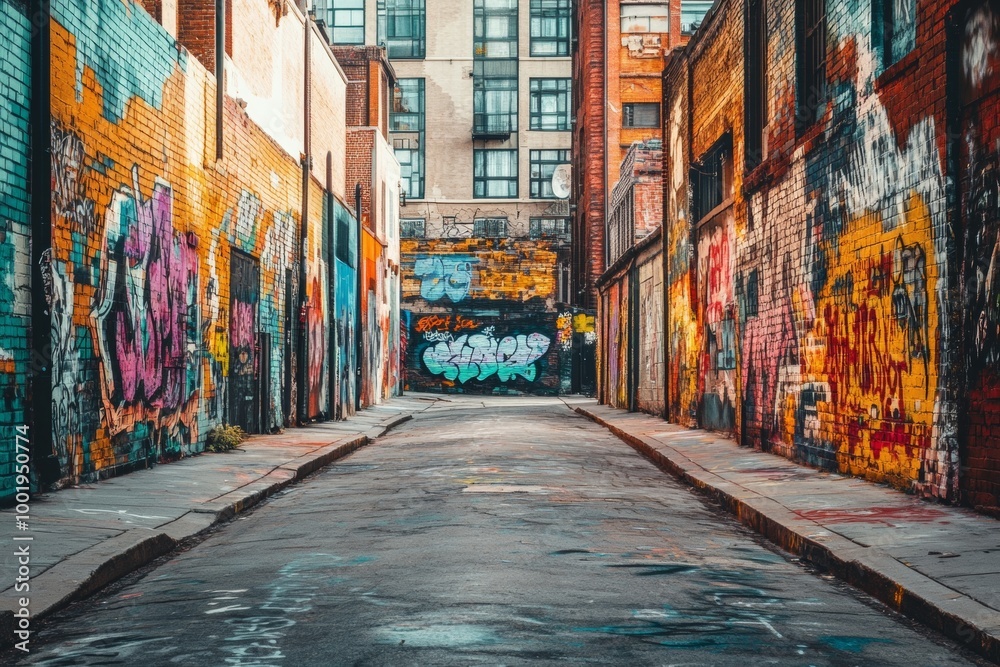 Fototapeta premium Street with graffiti in the city center empty alley colorful city background