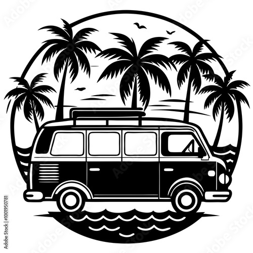 Vintage Beach Van Vector Silhouette