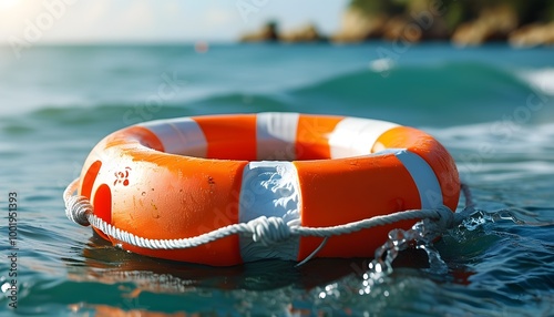 Orange lifebuoy floating in the sea symbolizes safety and rescue, promoting drowning prevention and water safety awareness photo