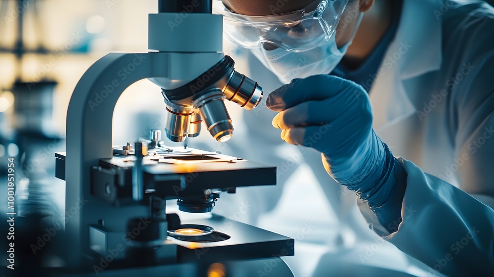 Microscopic Exploration: A scientist meticulously examines a sample under a high-powered microscope, their focused gaze and gloved hands showcasing the precision and dedication of scientific inquiry. Microscopic Exploration: A scientist meticulously examines a sample under a high-powered microscope, their focused gaze and gloved hands showcasing the precision and dedication of scientific inquiry.