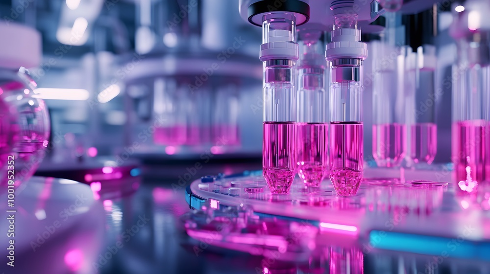 Pink Liquid in Test Tubes: Close-up of pink liquid samples in test tubes on automated laboratory equipment, glowing with purple and blue light. A high-tech. Pink Liquid in Test Tubes: Close-up of pink liquid samples in test tubes on automated laboratory equipment, glowing with purple and blue light. A high-tech.