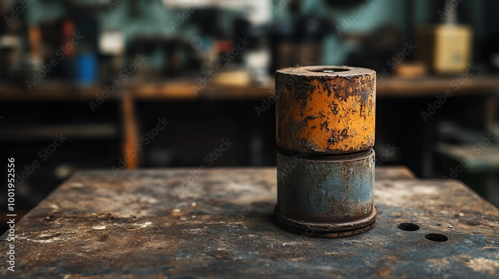 A close-up of two rusty metal cylinders stacked on top of each other, resting on a workbench in a cluttered workshop.