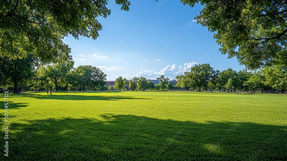 Obraz premium Beautiful, green grassy field with clear skies and joyful play activities filling the space, highlighting outdoor fun and energy.
