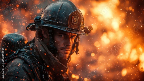 Firefighter battling intense flames amidst flying embers in a dramatic rescue operation during nightfall